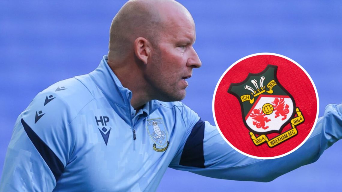 Sheffield Wednesday manager Henrik Pedersen, with Wrexham badge inset.
