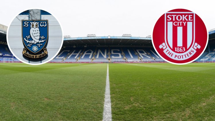 General view of the Hillsborough Stadium North Stand. Overlaid, the Sheffield Wednesday FC badge and the Stoke City FC badge.