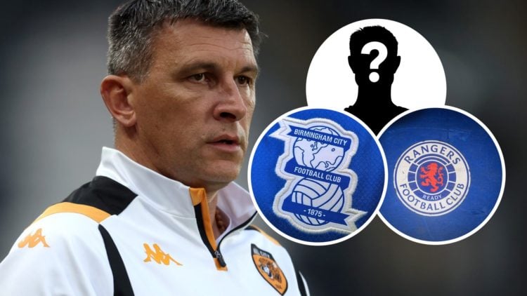 Hull City FC head coach Sergej Jakirovic reacts during a pre-season friendly. Inset, a mystery player, the Birmingham City FC badge and Rangers FC ...