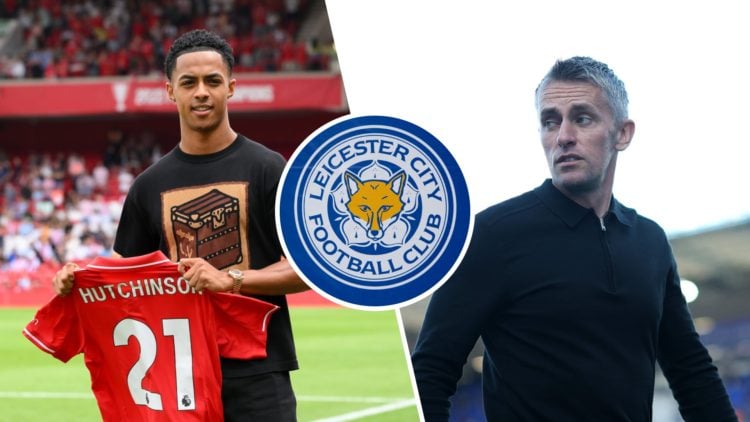 Omari Hutchinson is unveiled as a new Nottingham Forest signing, an inset of the Leicester City badge, Kieran McKenna watches on during Ipswich Tow...