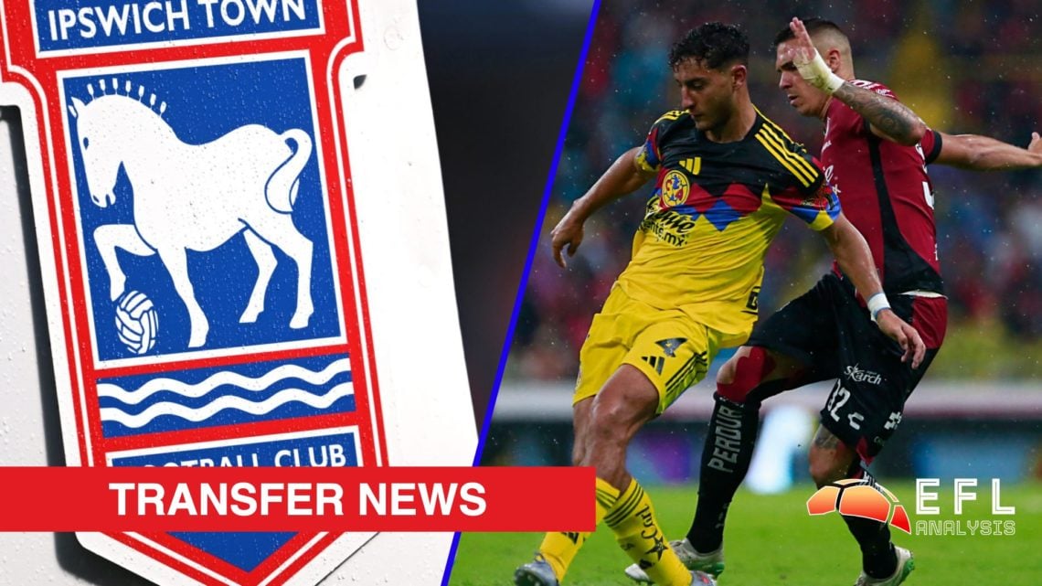 Split image showing the Ipswich Town badge at Portman Road and Club America defender Sebastian Caceres