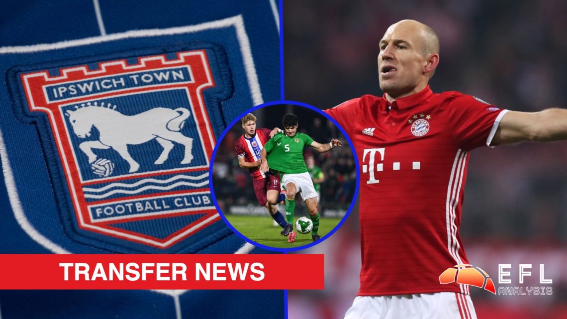 Split image showing the Ipswich Town badge, Bayern Munich legend Arjen Robben, and Sindre Walle Egeli in action for Norway