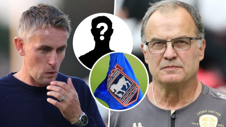 Ipswich Town FC manager Kieran McKenna, and former Leeds United FC manager Marcelo Bielsa. Overlaid, a mystery player and the Ipswich Town FC badge...