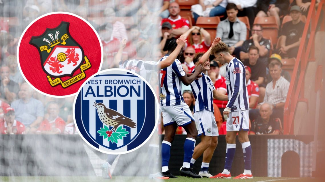 West Bromwich Albion players celebrate with Isaac Price after he made it 3-1 win against Wrexham AFC. Overlaid, the West Bromwich Albion badge and ...