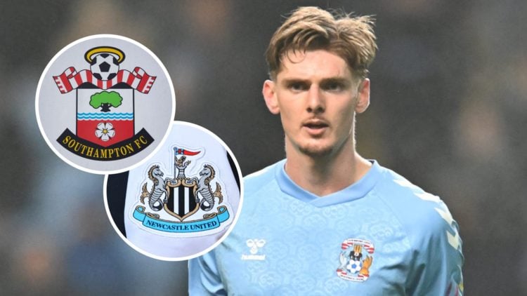 Coventry City FC midfielder Jack Rudoni reacts during a Championship match. Inset, the Southampton FC badge and the Newcastle United FC badge.