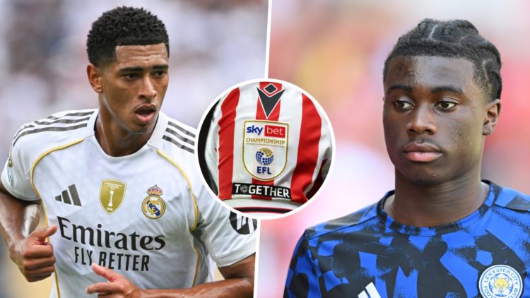 Real Madrid midfielder Jude Bellingham, and Leicester City FC player Jeremy Monga. Overlaid, the Championship logo on sleeve of a Stoke City FC pla...