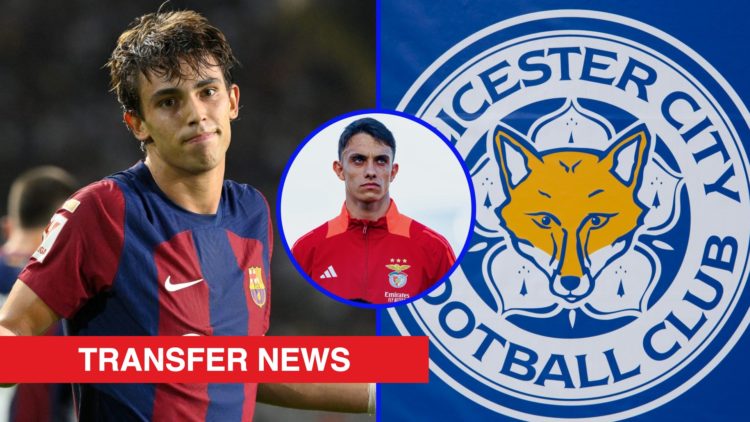 Split image showing Joao Felix at Barcelona, Benfica starlet Joao Rego, and the Leicester City badge