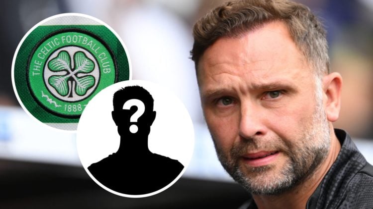 John Eustace is the Derby County manager. Inset: The official Glasgow Celtic FC club badge on a home shirt and mystery person.