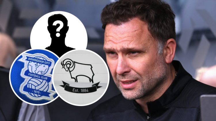 Derby County FC manager John Eustace. Inset, a mystery player, the Birmingham City FC badge and the Derby County FC badge.
