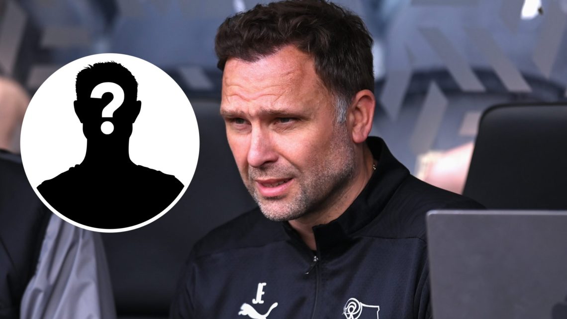 Derby County manager John Eustace. Inset, mystery player graphic.