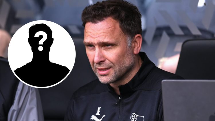 Derby County manager John Eustace. Inset, mystery player graphic.