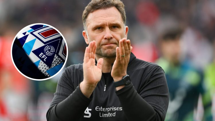 John Eustace applauds the Derby County fans after a game. Inset, EFL logo on football