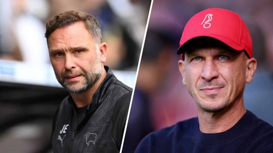 Derby County manager, John Eustace, during the Sky Bet Championship match between Derby County and Coventry City (L). Gerhard Struber during Sheffi...