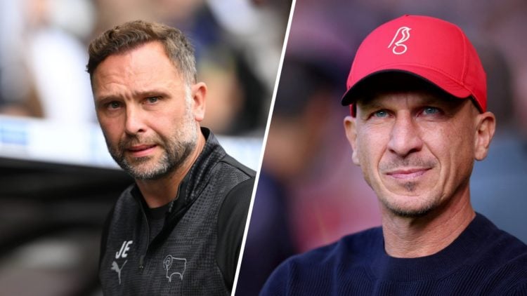 Derby County manager, John Eustace, during the Sky Bet Championship match between Derby County and Coventry City (L). Gerhard Struber during Sheffi...