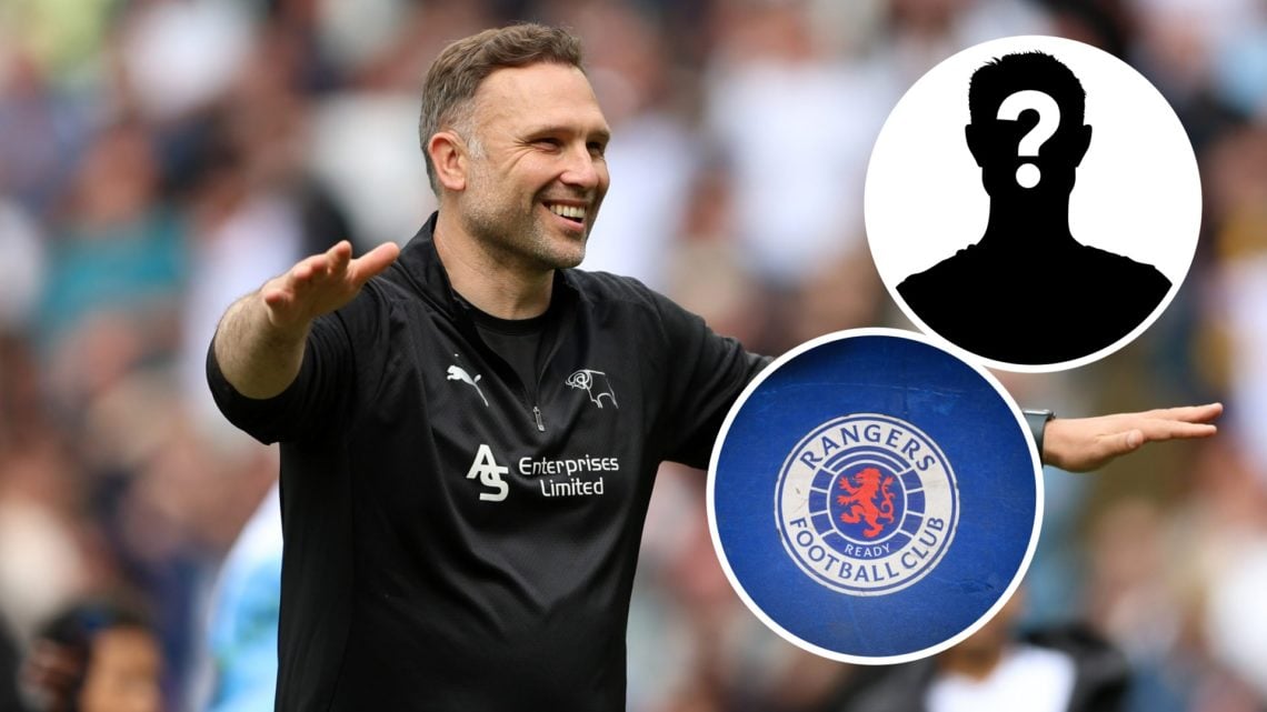 John Eustace, Manager of Derby County, celebrates avoiding relegation after Derby County draw 0-0 with Stoke City. Inset, Rangers badge. Inset, Mys...