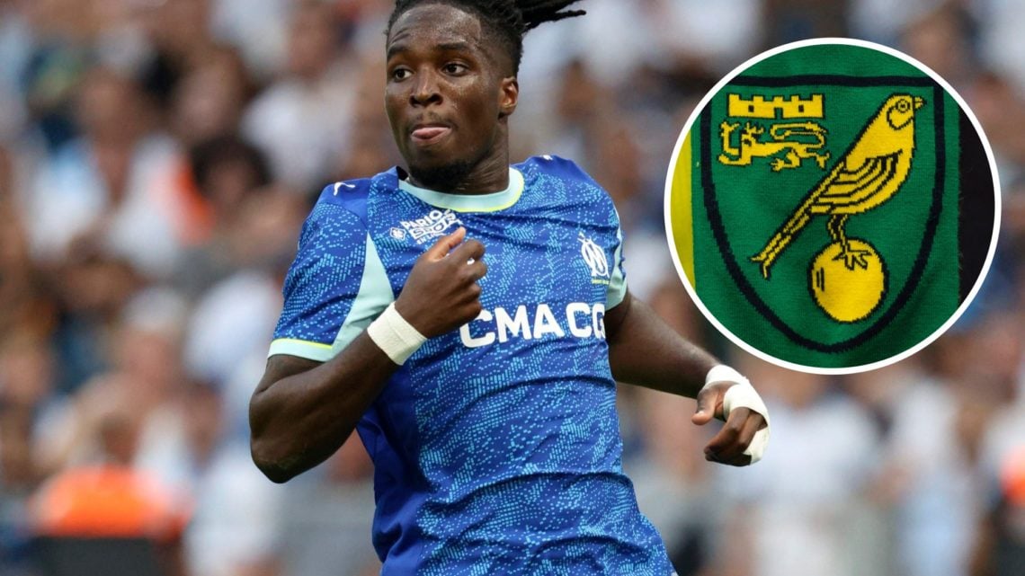 Marseille player Jonathan Rowe. Inset, Norwich City badge.