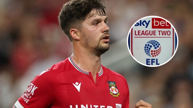 Jordan Davies playing for Wrexham (main) and EFL League Two logo (inset)