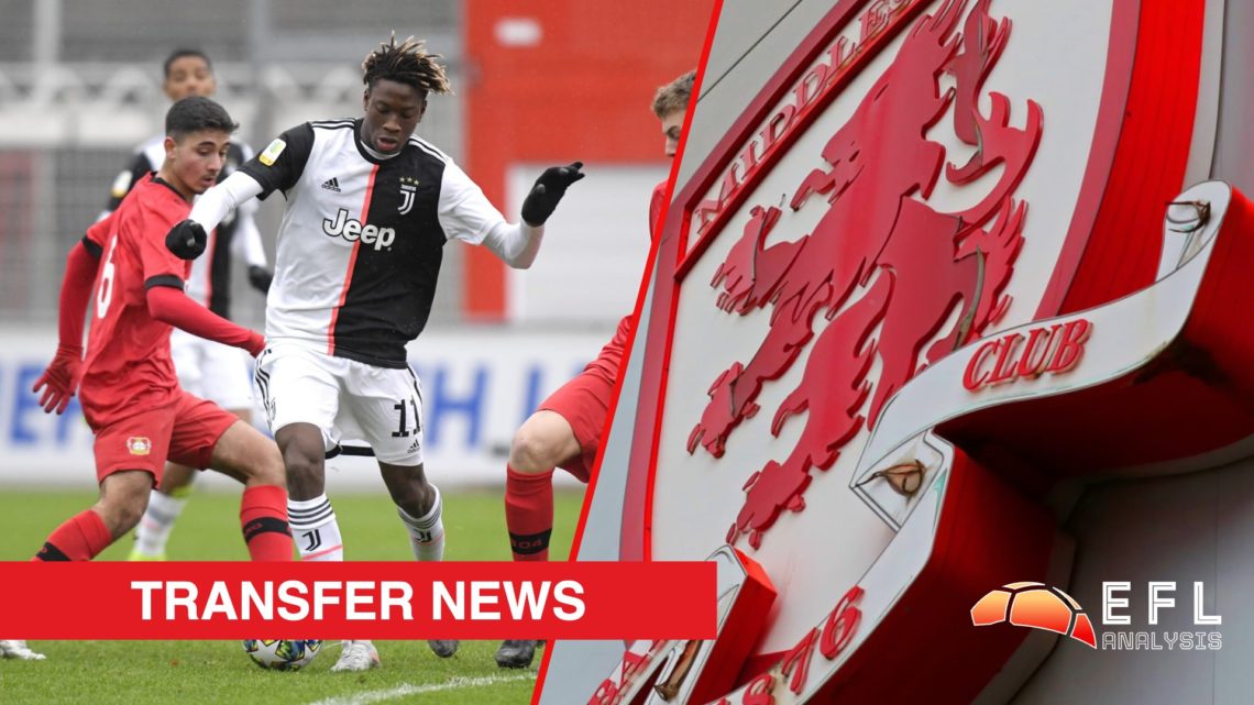 Split image showing Lausanne Sport striker Kaly Sene playing for Juventus, and the Middlesbrough badge outside the Riverside Stadium