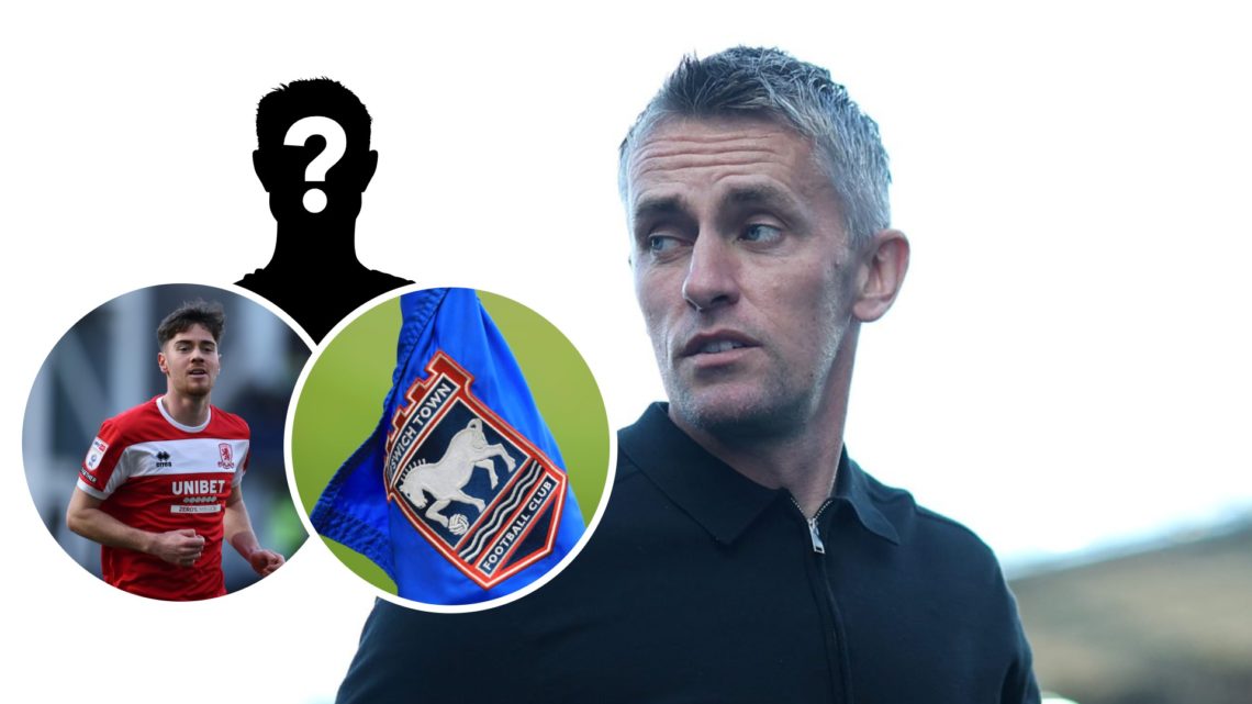Ipswich Town FC manager Kieran McKenna. Inset, a mystery player, Middlesbrough FC midfielder Hayden Hackney and the Ipswich Town FC badge.
