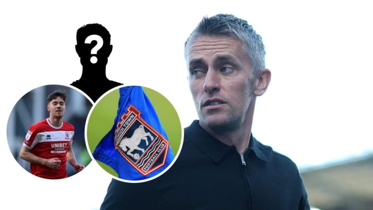 Ipswich Town FC manager Kieran McKenna. Inset, a mystery player, Middlesbrough FC midfielder Hayden Hackney and the Ipswich Town FC badge.