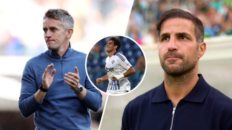 Ipswich Town manager Kieran McKenna applauds fans at Portman Road (L). Cesc Fabregas, manager of Como 1907 looks on during the Pre-Season Friendly ...