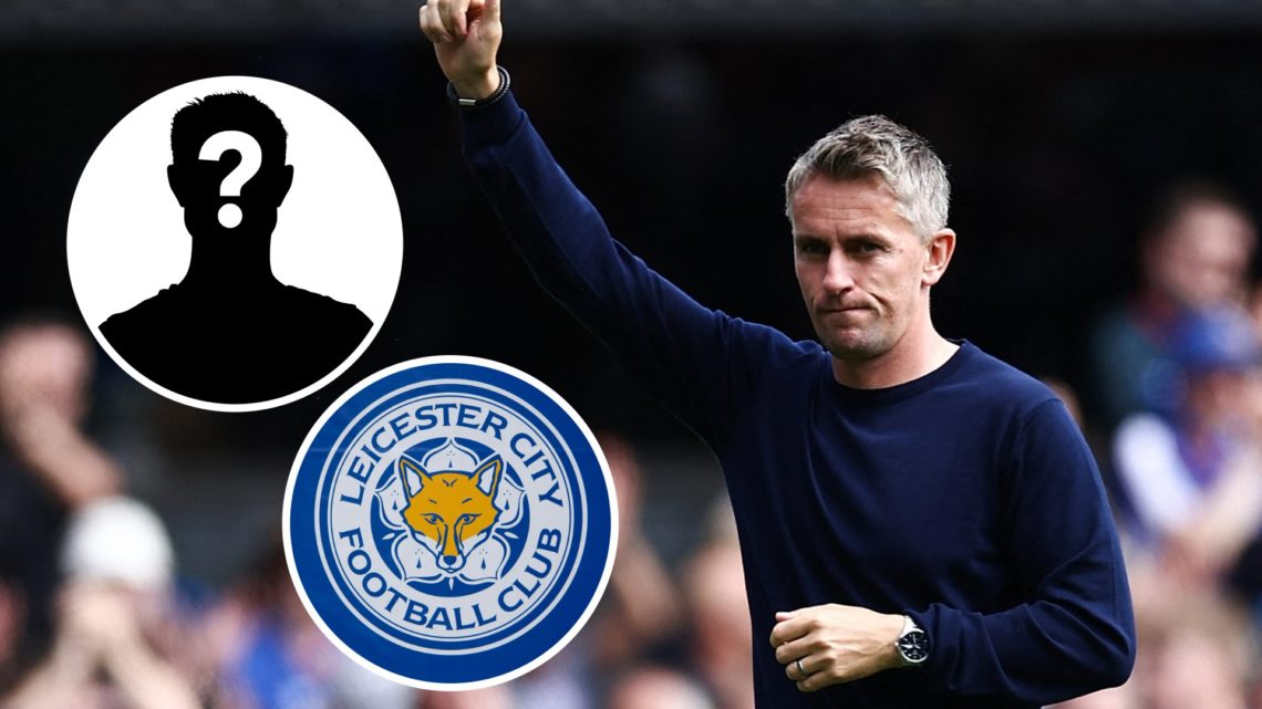 Kieran McKenna reacts after an Ipswich match. Inset, Leicester City badge. Inset, Mystery Player