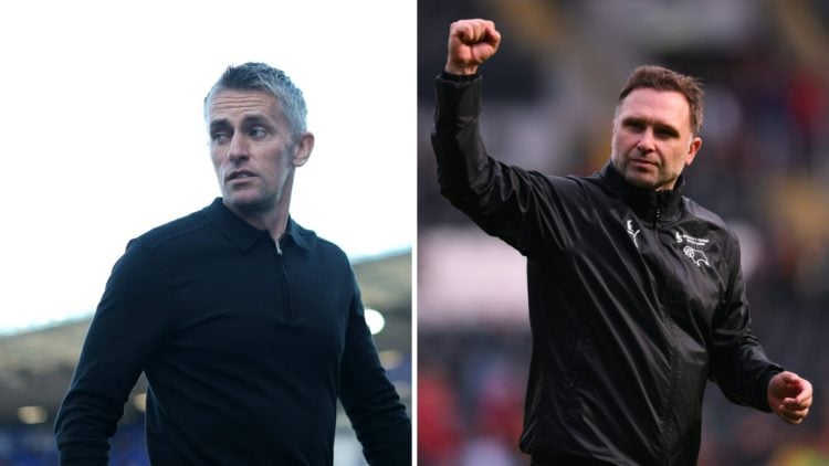 Kieran McKenna, Manager of Ipswich Town, looks on (L). John Eustace, Manager of Derby County, celebrates following the Sky Bet Championship match b...