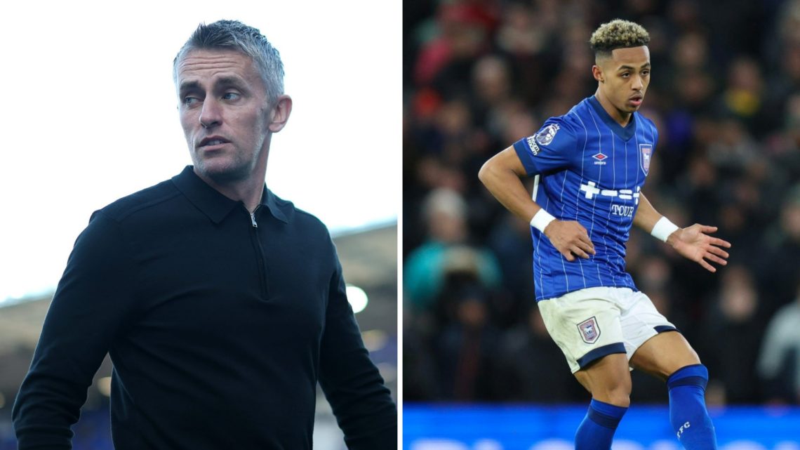 Kieran McKenna, Manager of Ipswich Town, looks on (L). Omari Hutchinson of Ipswich Town during the Premier League match between Manchester United F...