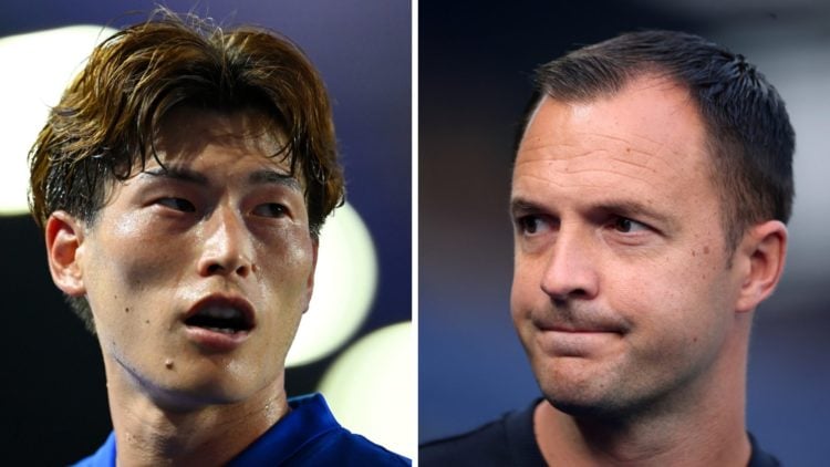 Kyogo Furuhashi of Birmingham City looks on (left), Chris Davies, Manager of Birmingham City, looks on (right)