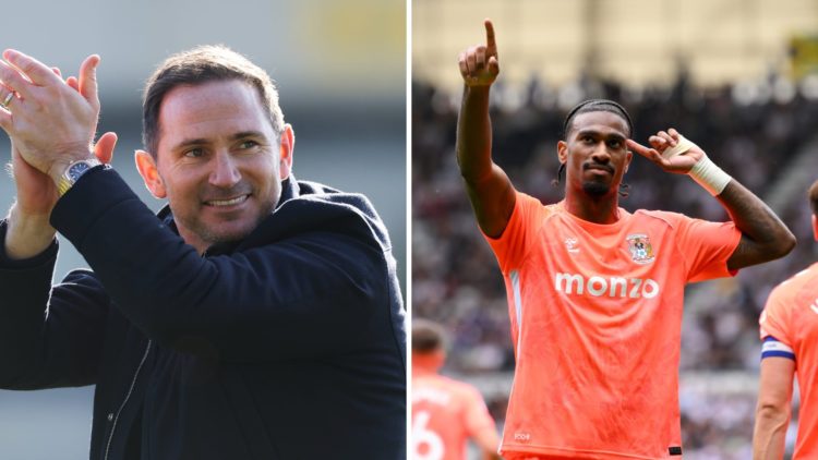 Frank Lampard celebrates Coventry City's win against Oxford United, Haji Wright celebrates his goal for Coventry City against Derby County