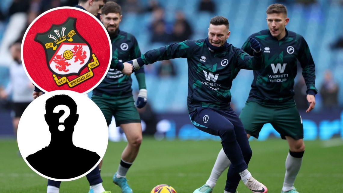 Macaulay Langstaff and the Millwall squad warm up for their clash against Sheffield Wednesday, an inset of the Wrexham club crest on the home shirt...