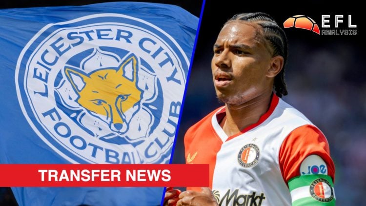 Split image showing a Leicester City flag and Feyenoord ace Calvin Stengs