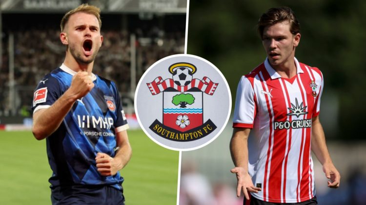 Leo Scienza reacts after scoring for FC Heidenheim, and Southampton FC winger Tyler Dibling during a pre-season friendly. Inset, the Southampton FC...