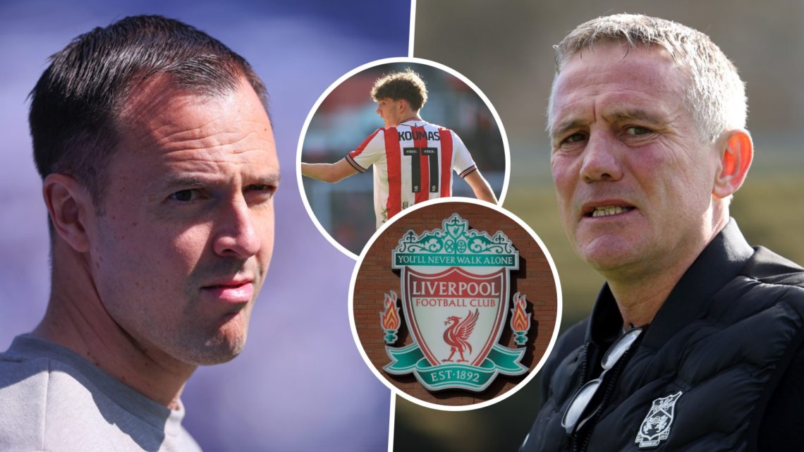 Birmingham City FC manager Chris Davies, and Wrexham AFC manager Phil Parkinson. Overlaid, the Liverpool FC badge and Lewis Koumas during a Champio...