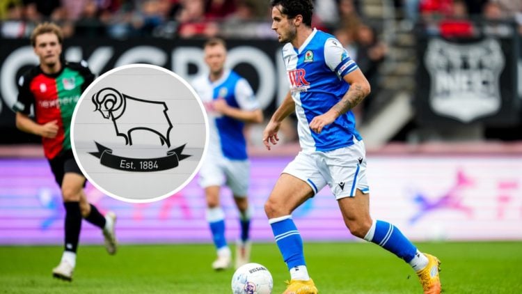 Lewis Travis playing for Blackburn Rovers in a pre-season friendly. Inset, Derby County badge