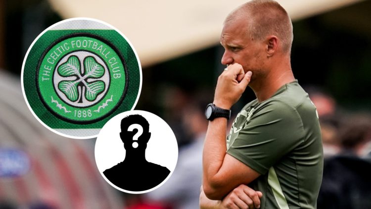 Norwich City manager Liam Manning. Inset, Celtic badge and mystery player graphic.