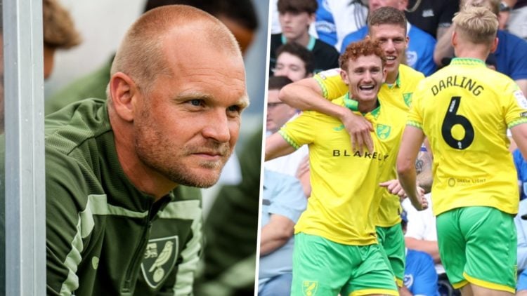 Norwich City FC manager Liam Manning watches a pre-season friendly, and Norwich City FC players celebrate after Josh Sargent scored against Portsmo...