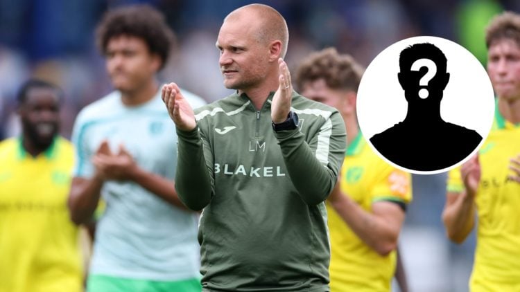 Norwich City manager Liam Manning with mystery graphic inset.