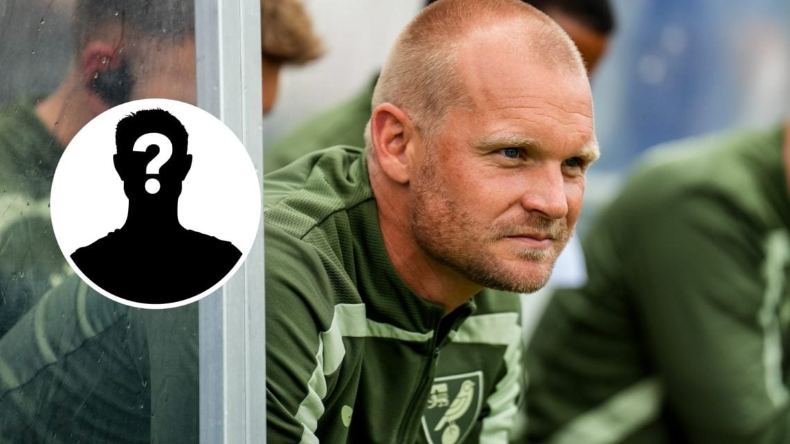 Liam Manning watches Norwich City v Olympiacos - Pre-Season Friendly. Inset, Mystery Player