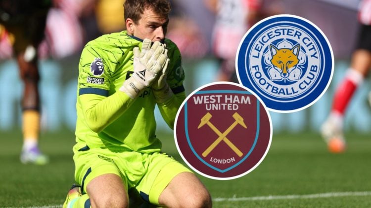 West Ham United goalkeeper Mads Hermansen reacts after conceding a goal against Sunderland AFC. Overlaid, the Leicester City FC badge and the West ...
