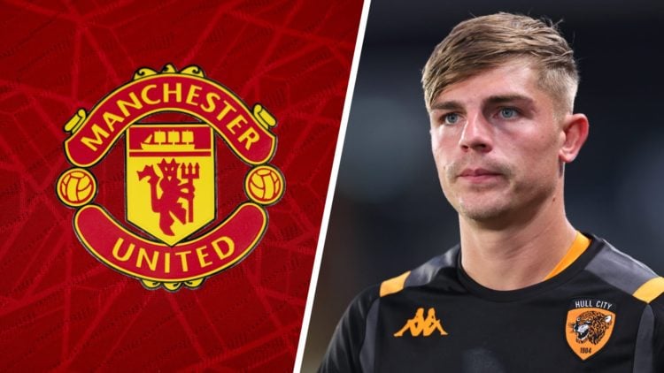 A detailed view of the badge of Manchester United FC (left), Brandon Williams of Hull City (right)