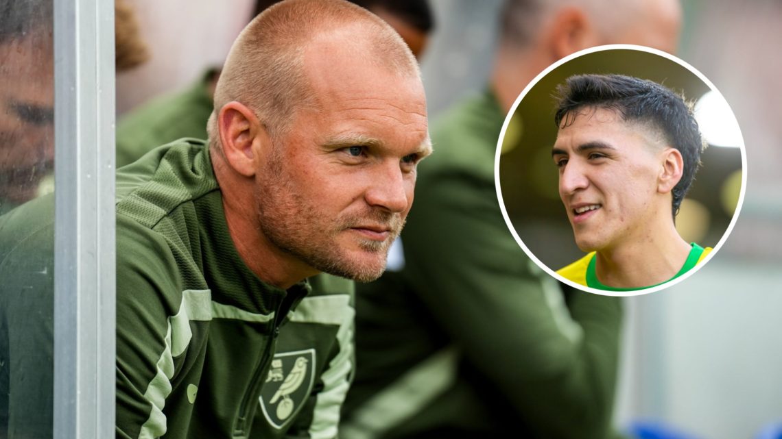 Liam Manning on the bench before a pre-season friendly vs Olympiacos, Marcelino Nunez of Norwich City reacts after the Sky Bet Championship match v...