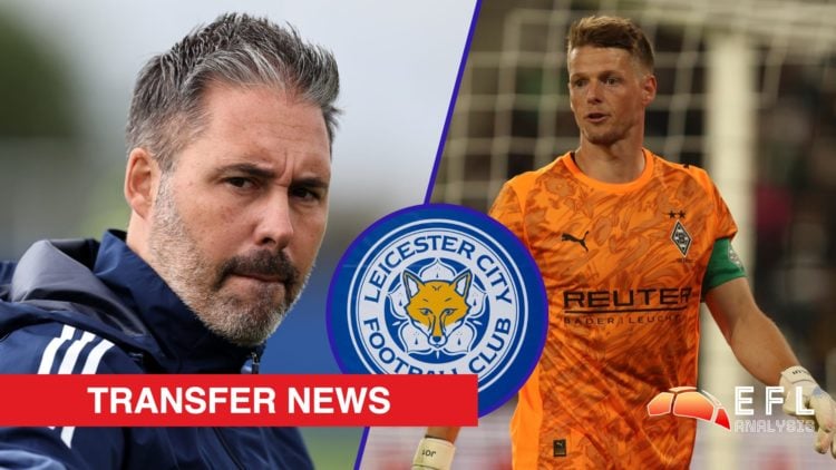 Split image showing Leicester City coach Marti Cifuentes, Borussia Monchengladbach goalkeeper Jonas Omlin, and the Leicester badge