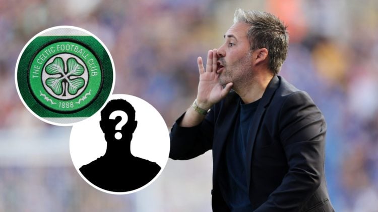 Marti Cifuentes shouts instructions to his Leicester City players against Sheffield Wednesday. Inset, Celtic badge. Inset, Mystery Player