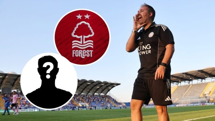 Marti Cifuentes shouts instructions during Leicester City's pre-season friendly vs Zalaegerszegi TE. Inset, Nottingham Forest badge. Inset, Mystery...