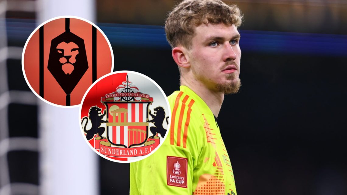 Salford City FC goalkeeper Matthew Young reacts during a FA Cup clash at Manchester City. Overlaid, the Sunderland AFC badge and the Salford City F...