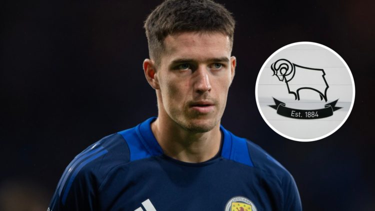 Max Johnston of Scotland during the UEFA Nations League 2024/25 League A Group A1 match between Scotland and Poland. Inset, Derby County badge