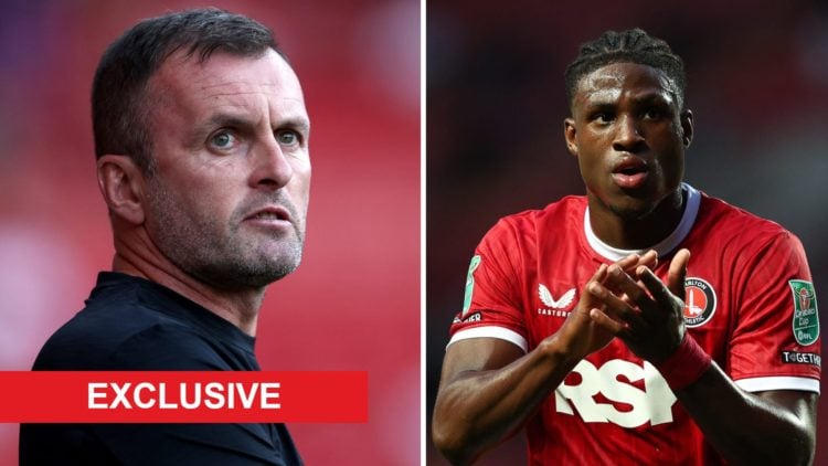 A split image featuring Nathan Jones looking on during a Charlton game next to Thierry Small