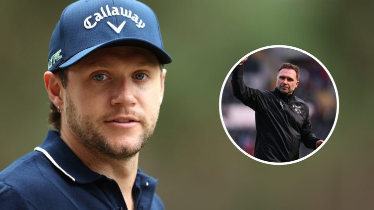 Irish singer-songwriter, Niall Horan in action during the pro-am prior to the ISPS HANDA Senior Open 2025. Inset, John Eustace, Manager of Derby Co...