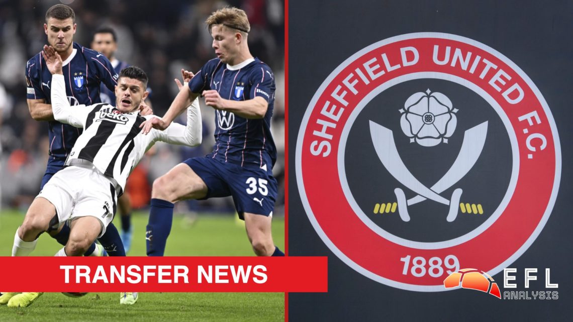 Split image showing Malmo defender Nils Zatterstrom and the Sheffield United badge outside Bramall Lane